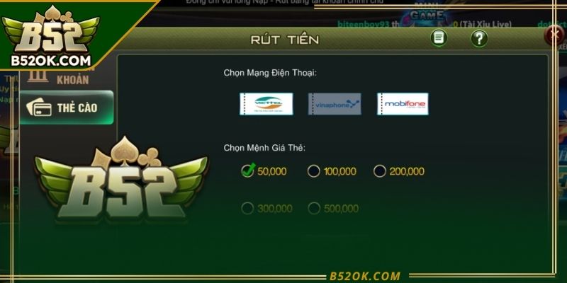 Danh sách các phương thức rút tiền B52 được hỗ trợ